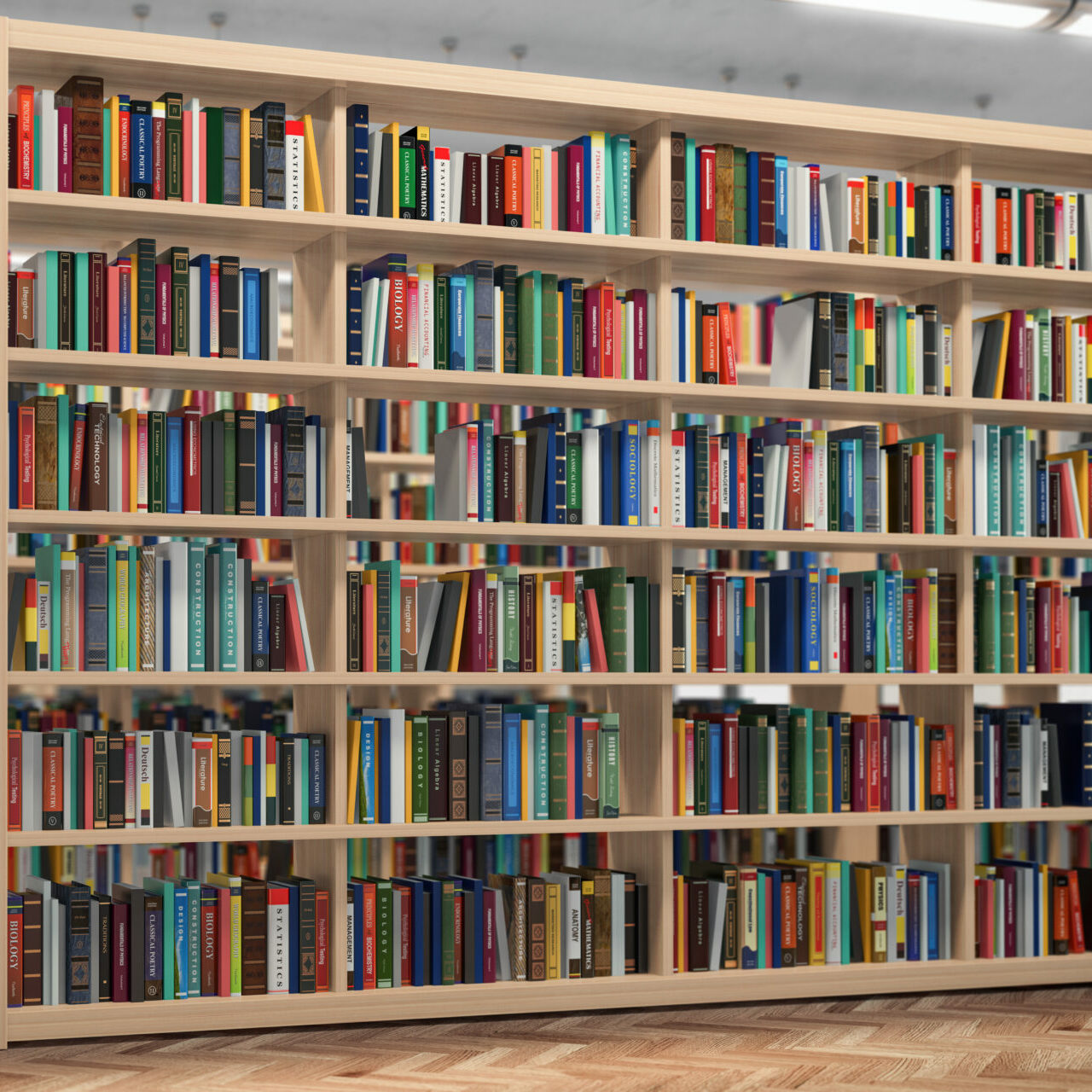 Library. Bookshelves with books and textbooks. Learning and education concept. 3d illustration