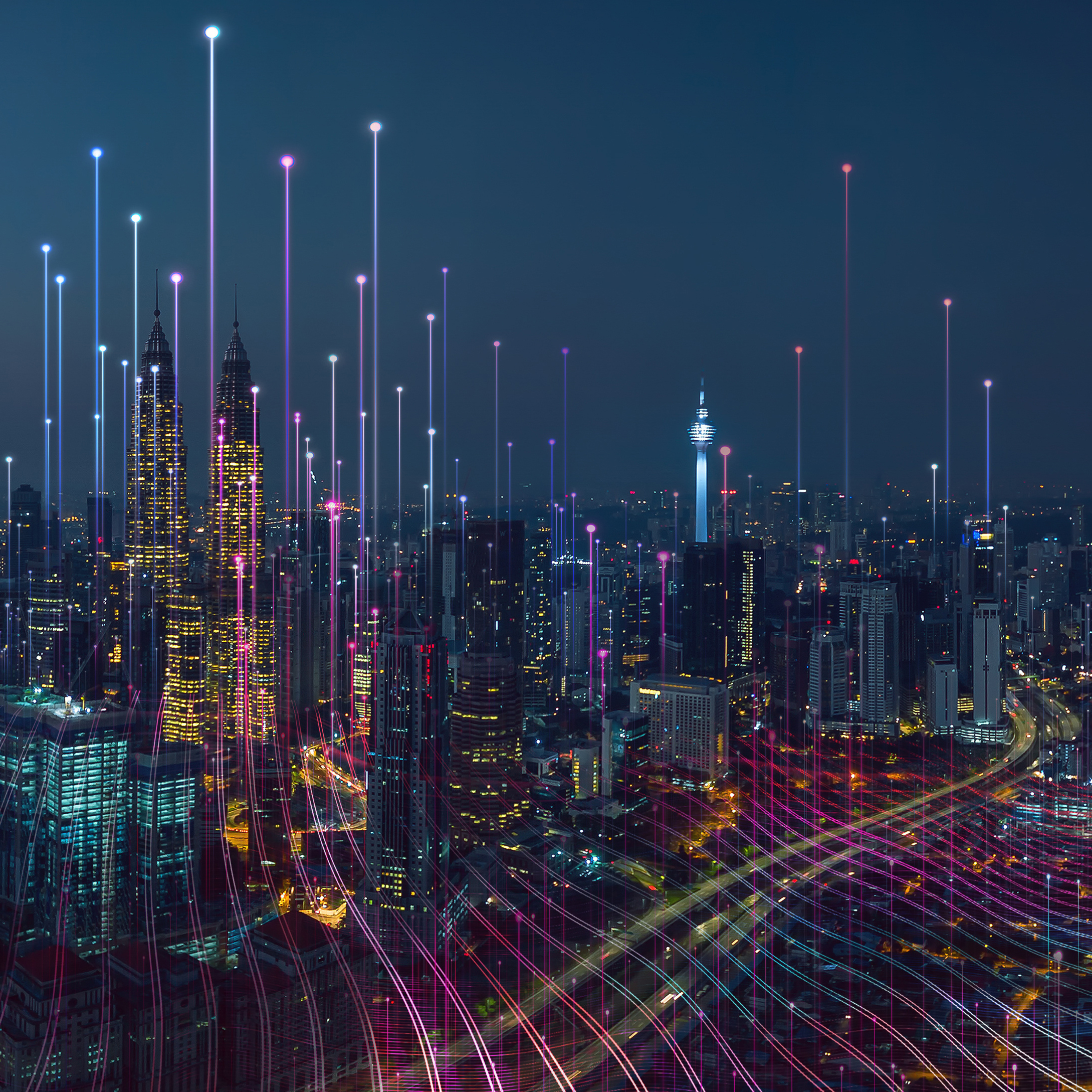 Smart city and abstract dot point connect with gradient line and aesthetic Intricate wave line design , big data connection technology concept .