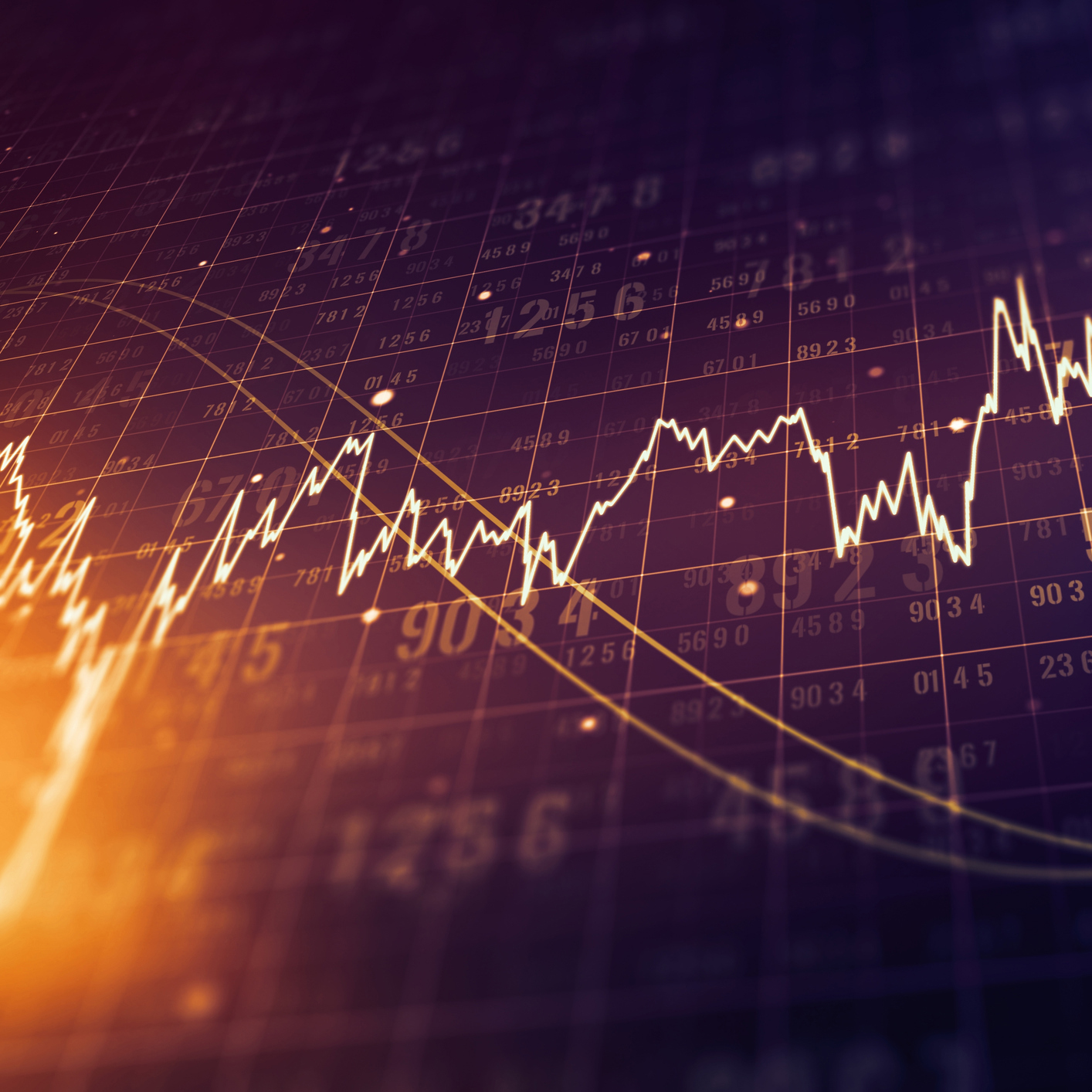 Macro view of a screen of trading terminal with abstract financial graph and digits. Trading and forex concept. 3D Rendering