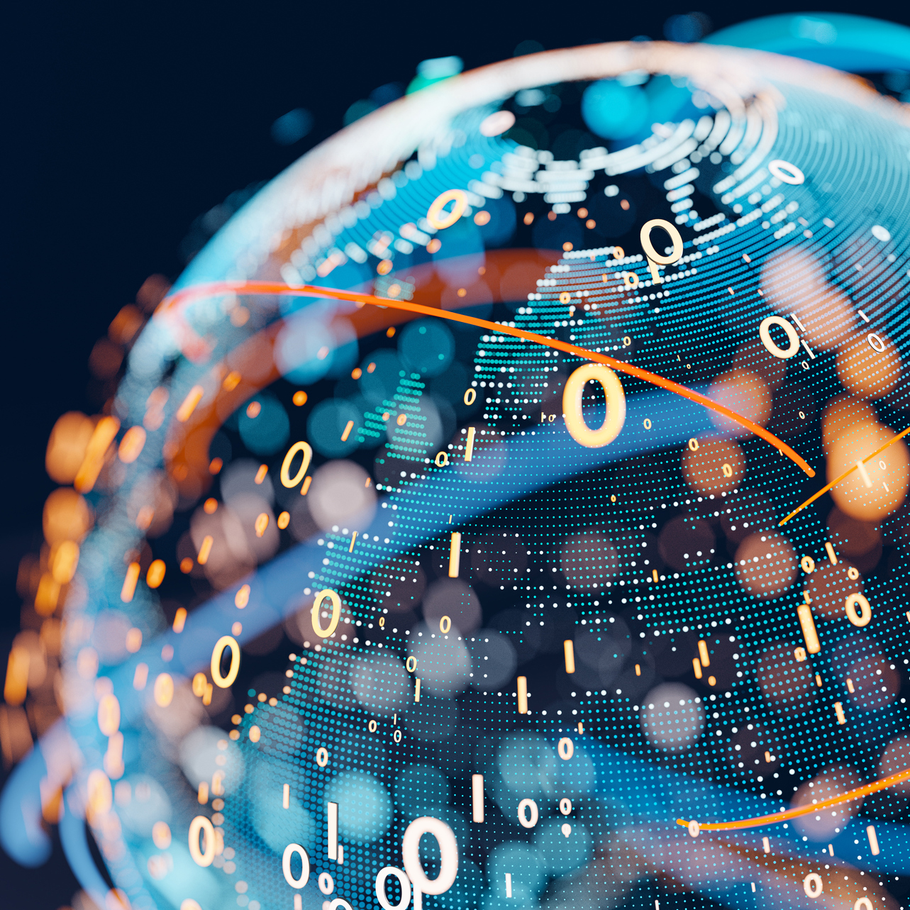 Earth (focus on Europe) represented by little dots, binary code and lines - big data, global business, cryptocurrency 3D render