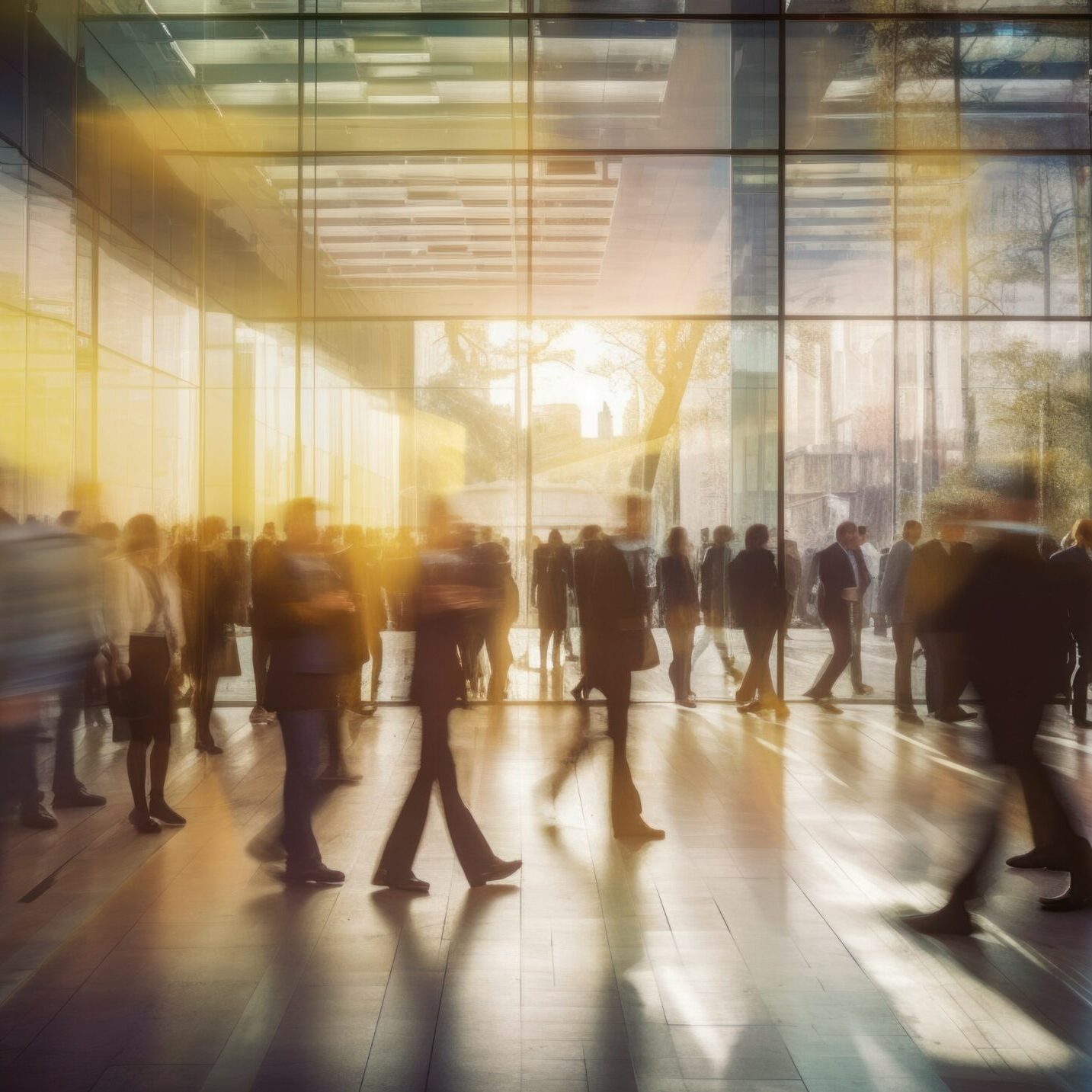 Crowded public place with people passing by, traffic flow motion blur effect. Generative AI illustration.