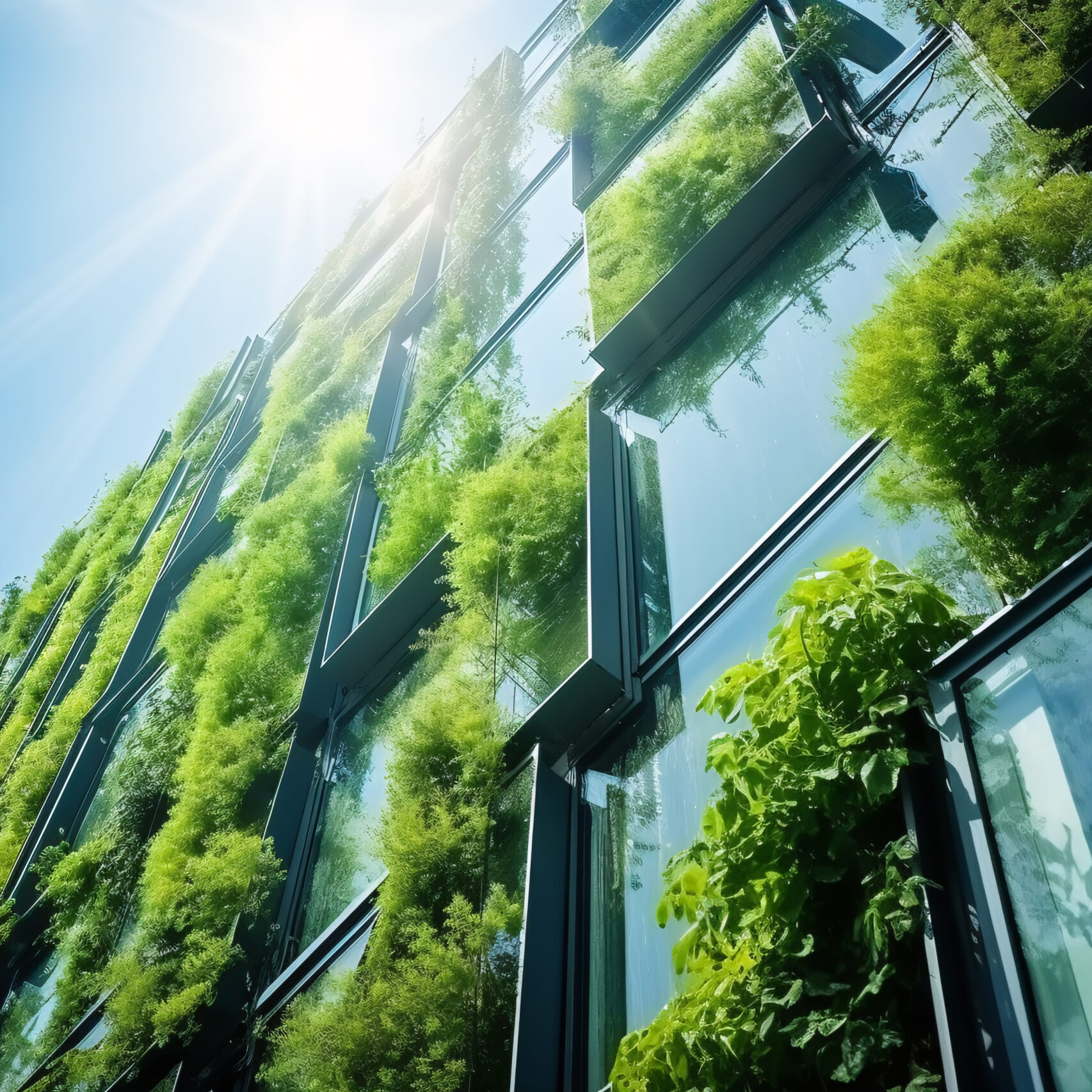 Eco-friendly building in the modern city. Sustainable glass office building with tree for reducing carbon dioxide. Office building with green environment. Corporate building reduce CO2. Generative AI
