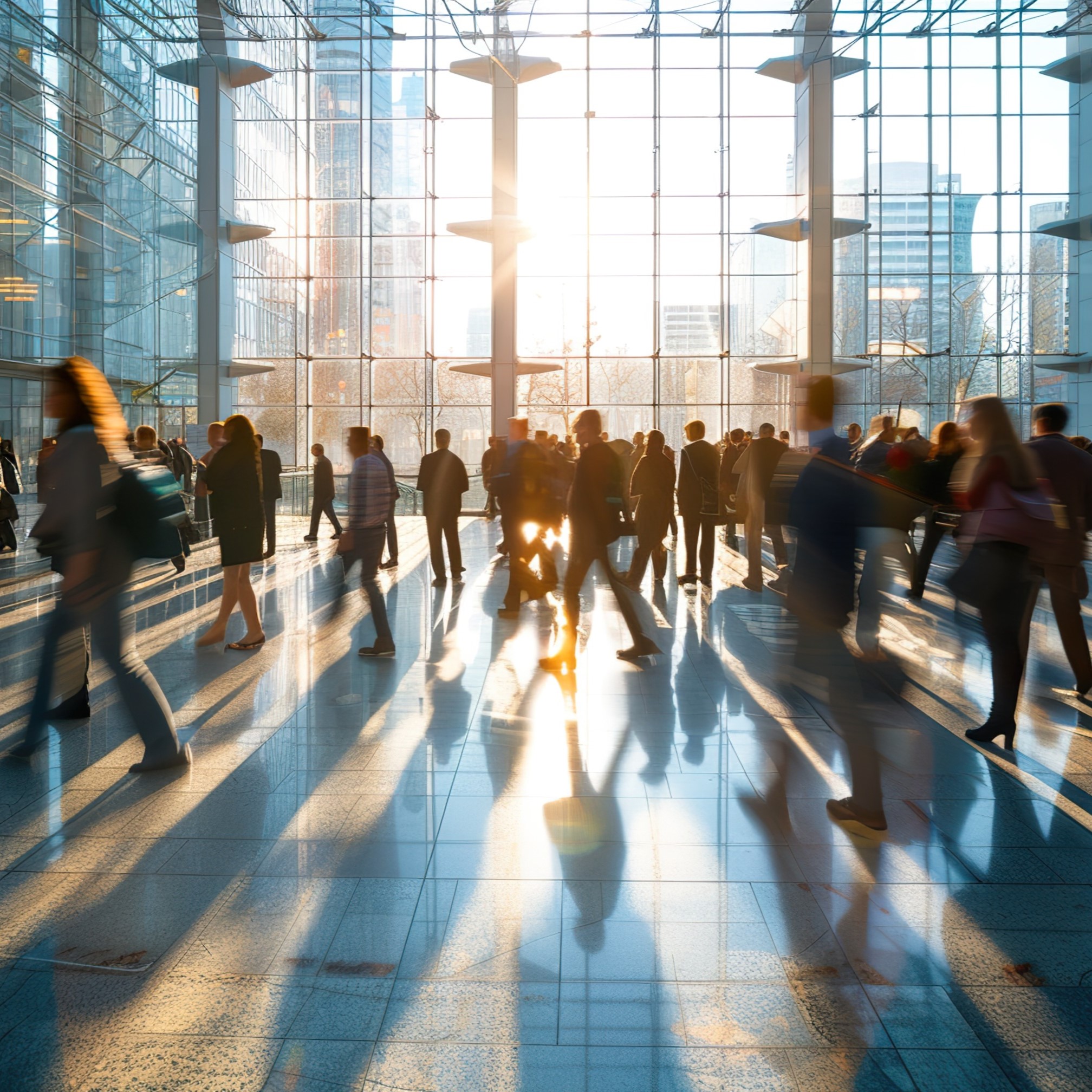 crowd of business people walking in office lobby fast moving