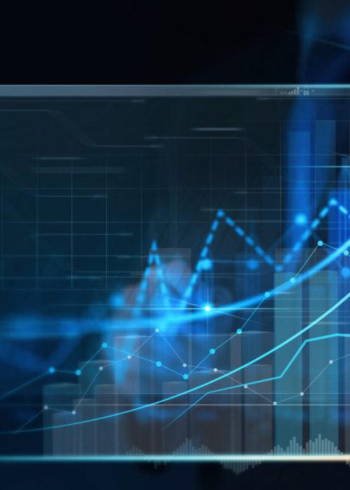 Businessman working with modern computer virtual dashboard analyzing finance sales data and economic growth graph chart and block chain technology.