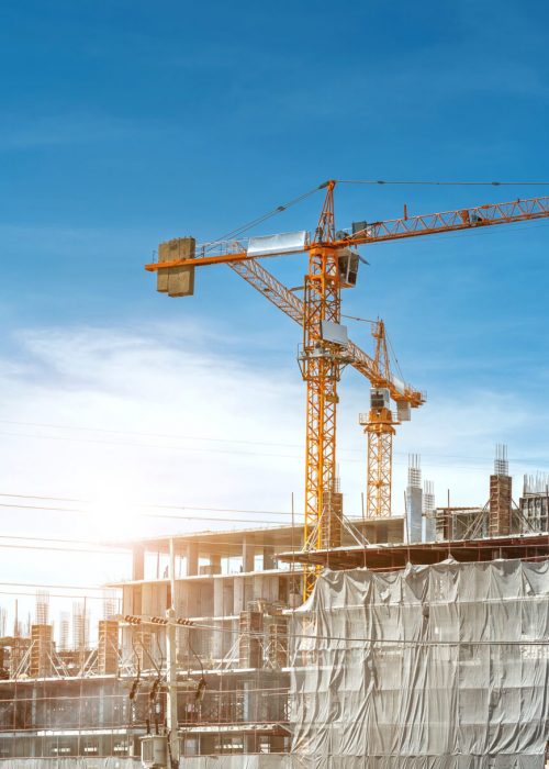 Panorama view at workers are working on large construction sites and many cranes are working in the, Industry new building business.
